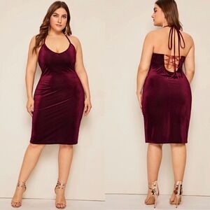 Shein‎ Womens Burgundy Ribbed Velvet Dress Halter Lace Up Back Bodycon Midi 2X